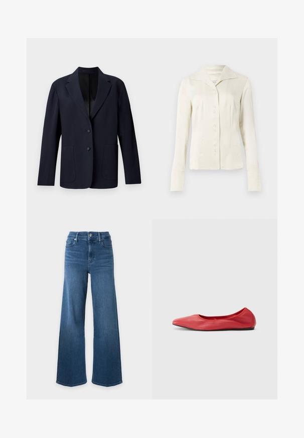 Marineblazer med tekstureret mønster, enkeltknap design, spidse klapper, to forlommer og to knaplukninger.; Off-white langærmet skjorte med knapper, bred krave og figursyet talje, præsenteret mod en plain lys baggrund.; Blå high-waist denim jeans med vide ben, frontknap og lynlåslukning samt klassisk fem-lomme design på hvid baggrund.; Filippa K REY FLATS - Ballerinasko - bright red