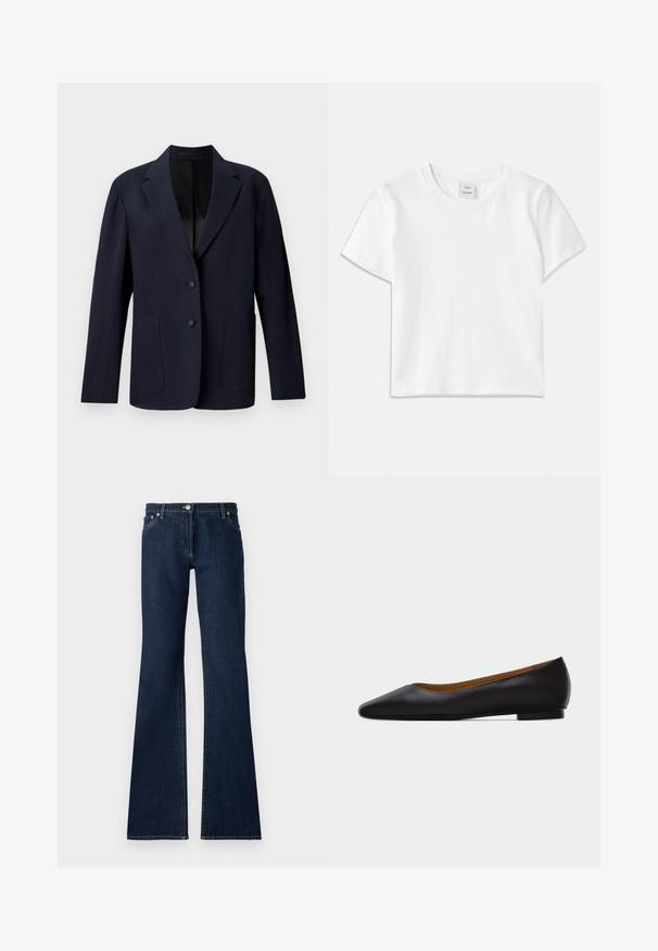 Marineblazer met een gestructureerd patroon, enkelgeknoopt ontwerp, pieklapels, twee voorzakken en twee knoopsluitingen.; Witte katoenen t-shirt met een ronde hals, korte mouwen en een rechte zoom. Label met "Won Hundred" aan de voorkant van de halslijn.; Donkerblauwe uitlopende jeans gemaakt van denim, met een vijf-vakken ontwerp, riemlussen en contrasterende gele stiksels langs de naden.; Zwarte leren puntschoen met lage hak en gladde afwerking, zijaanzicht op een lichtgrijze achtergrond.