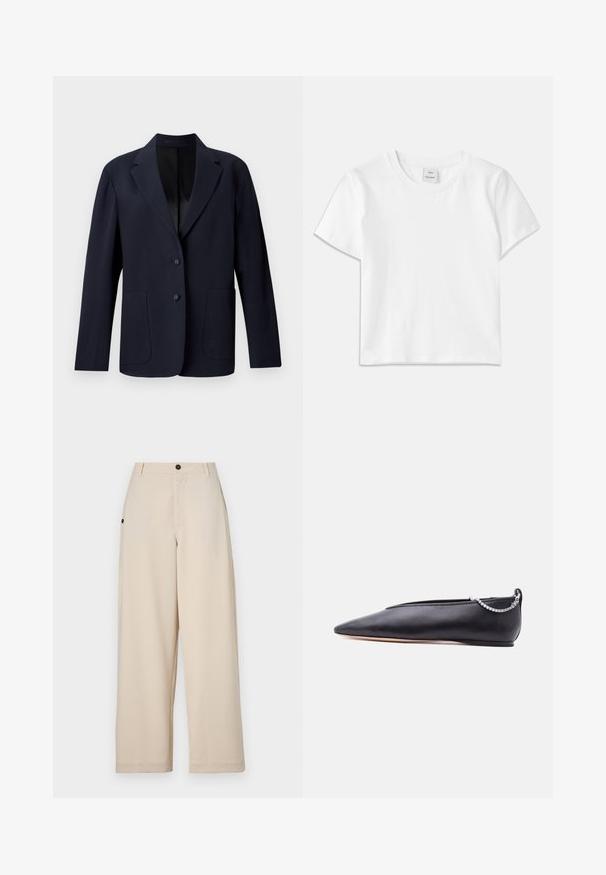 Marineblazer med tekstureret mønster, enkeltknap design, spidse klapper, to forlommer og to knaplukninger.; Hvid bomulds-t-shirt med rund hals, korte ærmer og lige kant. Mærke med teksten "Won Hundred" placeret i midten af halsudskæringen.; Beige bukser med vid ben, lavet af blødt stof, med en frontknaplukning, sidelommer og en afslappet pasform.; Sort læder flad sko med spids tå, lav hæl og sølvkæde detalje bagpå mod en ensfarvet baggrund.