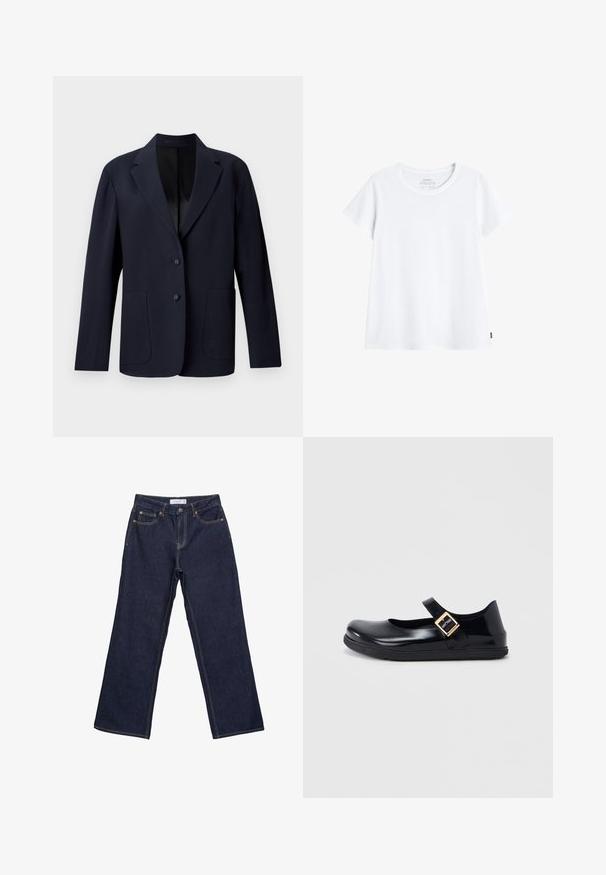Marineblazer mit strukturiertem Muster, einreihigem Design, Reverskragen, zwei Fronttaschen und zwei Knopfverschlüssen.; Schlichtes weißes T-Shirt mit kurzen Ärmeln und Rundhalsausschnitt aus 100% Bio-Baumwolle, flach auf weißem Hintergrund liegend.; Dunkelblaue Jeans mit weitem Bein, Vordertaschen, Gürtelschlaufen und Knopfverschluss.; Schwarzer Mary-Jane-Schuh aus Lackleder mit abgerundetem Zeh, verstellbarem Riemen mit goldener Schnalle und profilierter Gummisohle.