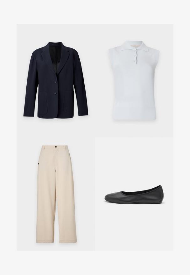 Marineblazer mit strukturiertem Muster, einreihigem Design, Reverskragen, zwei Fronttaschen und zwei Knopfverschlüssen.; Helles blaues ärmelloses Poloshirt mit traditionellem Kragen, dreifachem Knopfverschluss und geripptem Saum. Hergestellt aus einem glatten, weichen Stoff.; Beige weit geschnittene Hose aus weichem Stoff, mit einem Frontknopfverschluss, Seitentaschen und einer lockeren Passform.; Schwarze Leder-Ballettschuhe mit abgerundeter Spitze, glatter Textur, minimalen Nähdetails und einem flexiblen Sohlen-Design.