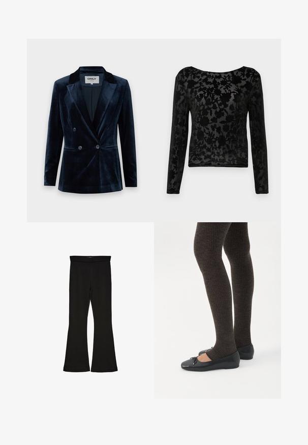 ONLY ONLASTRID ELSY FIT - Blazer - night sky; Haut à manches longues noir en tissu transparent avec un motif floral. Encolure ronde et coupe ajustée, avec une texture subtile tout au long.; Leggings évasés noirs en tissu extensible. Présentent une taille large et une texture lisse, avec une coupe ajustée qui s'évasent au bas.; Jambes portant des leggings côtelés foncés associés à des ballerines noires avec de petits détails en nœud sur fond blanc.