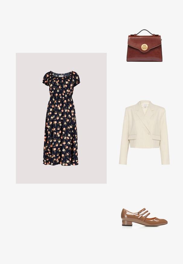 Blazer beige ajustado en una tela texturizada, con un frente de doble botonadura, solapas con muesca y dos bolsillos frontales.; Apricot VINTAGE ROSE - Vestido informal - navy; Zapato Mary Jane de charol marrón con tres correas ajustables con hebilla y un tacón bajo de bloque.; Bolso de cuero marrón con asa superior y cierre giratorio redondo de oro en la solapa frontal, sobre un fondo blanco.