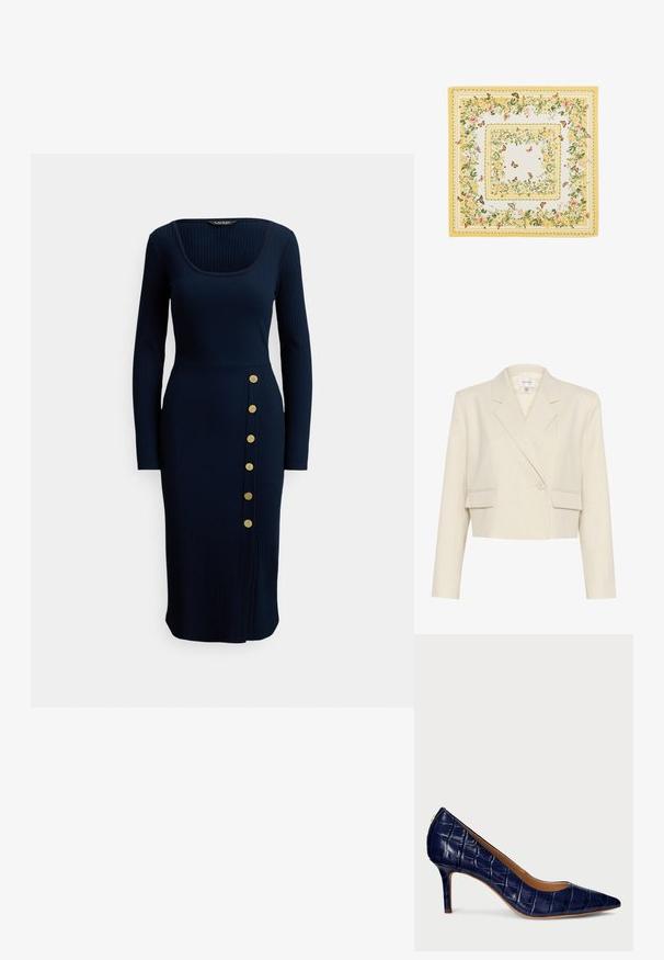 Blazer beige ajustado en una tela texturizada, con un frente de doble botonadura, solapas con muesca y dos bolsillos frontales.; Vestido largo de manga larga con textura acanalada en color azul marino, con escote cuadrado y botones a los lados. Presenta una silueta ajustada y un dobladillo a la altura de la rodilla.; Zapato de tacón alto de charol azul marino con punta afilada, que presenta un patrón texturizado de cocodrilo y un delgado tacón de aguja.; Pañuelo cuadrado con bordes amarillos que presenta patrones florales y hojas verdes, decorado con varias mariposas y libélulas.
