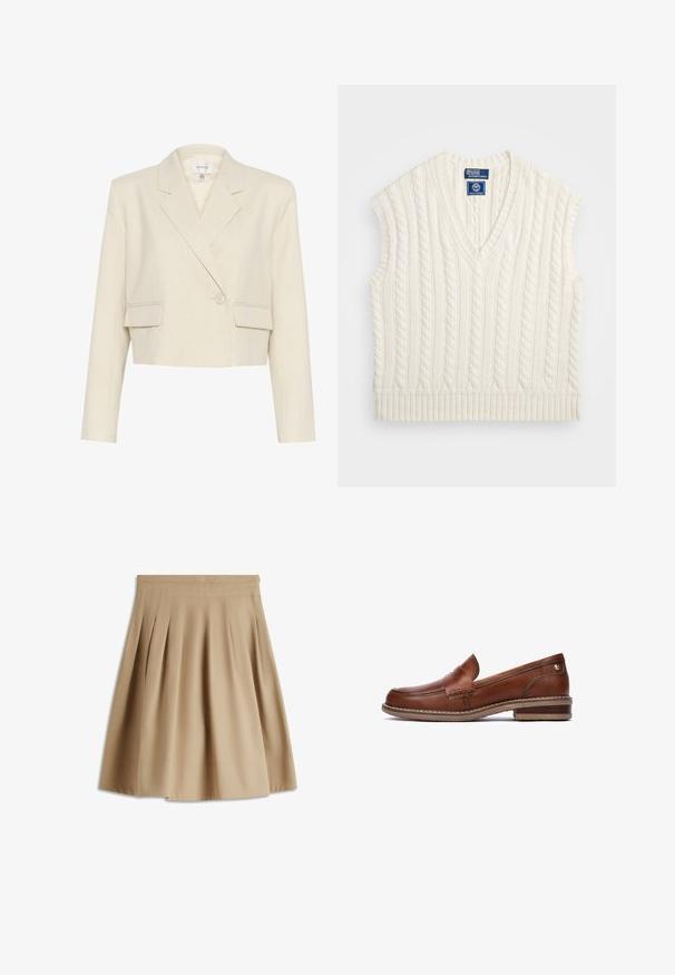 Korte beige blazer van een gestructureerde stof, met een dubbelgebreide voorkant, gelapte revers en twee voorkruiken.; Crème kabelgebreide mouwloze trui met een V-hals en ribbelzoom. Beschikt over een textuurpatroon en een logo-label op de hals.; Beige knielange geplooide rok met brede tailleband en plooi-boxen, gemaakt van gladde stof, weergegeven op een witte achtergrond.; Bruine lederen loafers met gestikte details, een lage hak en een gestructureerde rubberen zool. Heeft een kleine gouden accent nabij de hak.