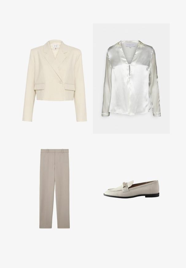 Skrotený béžový blazer v textúrovanej tkanine, s dvojradovým zapínaním, klopovými goliermi a dvoma prednými vreckami.; STUDIO ID ALYSSA - Blúzka - champagne; Béžové nohavice s rovnými nohavicami, s pútkami na opasok a čistým, minimalistickým dizajnom, zobrazené na hladkom bielom pozadí.; Svetlošedé kožené mokasíny s okrúhlou špičkou, s prehnutým jazykom a dekoratívnymi prvkami. Čierna gumová podrážka, jemné švy.