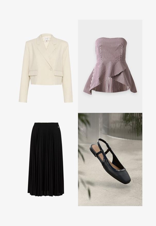 Blazer beige ajustado en una tela texturizada, con un frente de doble botonadura, solapas con muesca y dos bolsillos frontales.; Top peplum sin tirantes en rayas rojo oscuro y crema, que presenta un corsé ajustado y un dobladillo acampanado y en capas para mayor textura.; Falda maxi negra plisada con una cinturilla texturizada y un sutil detalle metálico. Hecha de tejido ligero para facilitar el movimiento.; Zapato plano de piel negra tipo slingback con punta cuadrada, que presenta un ribete brillante de charol y correas ajustables para un ajuste seguro.