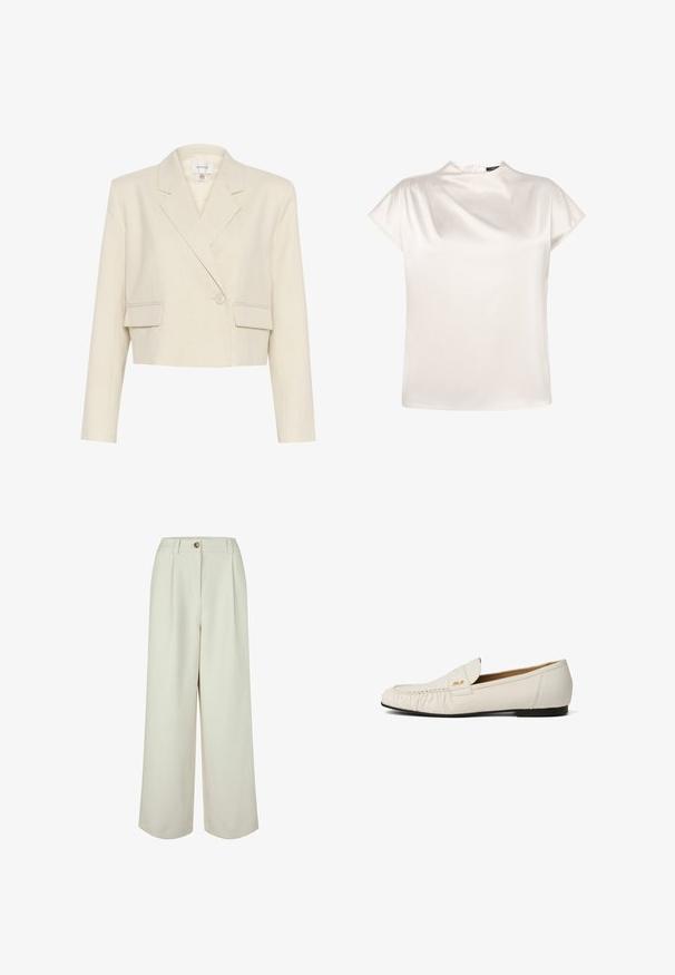 Blazer beige raccourci en tissu texturé, avec un devant croisé, des revers crantés et deux poches avant.; zero Blouse - eggnog; Pantalon crème taille haute à jambes larges avec passants de ceinture, fermeture par bouton et plis à l'avant, conçu pour une coupe décontractée.; Mocassin en cuir blanc avec une semelle plate noire, un détail plissé à l'avant et un petit logo doré sur le côté de la tige.