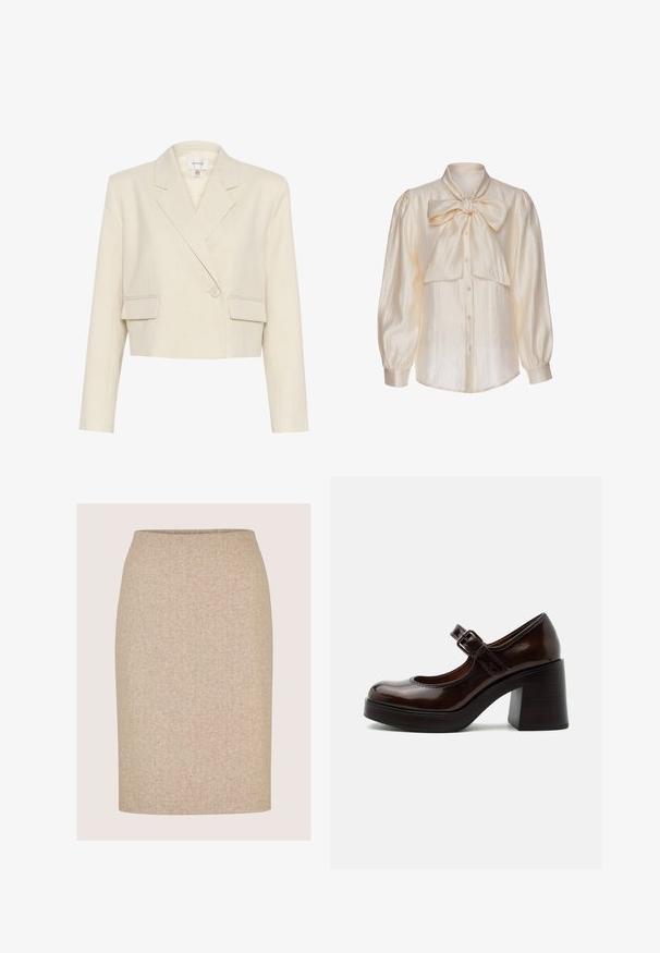 Korte beige blazer van een gestructureerde stof, met een dubbelgebreide voorkant, gelapte revers en twee voorkruiken.; Crèmekleurige satijnen blouse met lange opgepofte mouwen, knoopsluiting aan de voorkant en een grote gestrikte strik bij de kraag.; Beige kokerrok tot op de knie met een subtiel visgraatpatroon en zonder zichtbare naden of versieringen.; Donkerbruine lakleren Mary Jane-schoen met een dikke hoge hak en verstelbare gespsluiting op een lichtgrijze achtergrond.