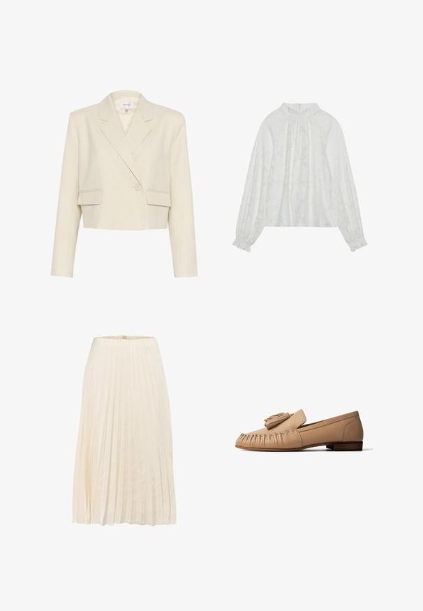 Afskåret beige blazer i et tekstureret stof, med en dobbeltradet front, skrå lapeller og to frontlommer.; Hvid langærmet bluse med et tekstureret blomstermønster, elastisk halsudskæring og elastiske manchetter. Blød, letvægts stof.; Plisseret nederdel i cremefarvet stof, med lodrette folder og en glat tekstur, i en midlængde design og med en enkel talje.; Beige læderloafer med kvastdetalje, mokkasinstikning og lavt træhæl, vist i sideprofil mod hvid baggrund.
