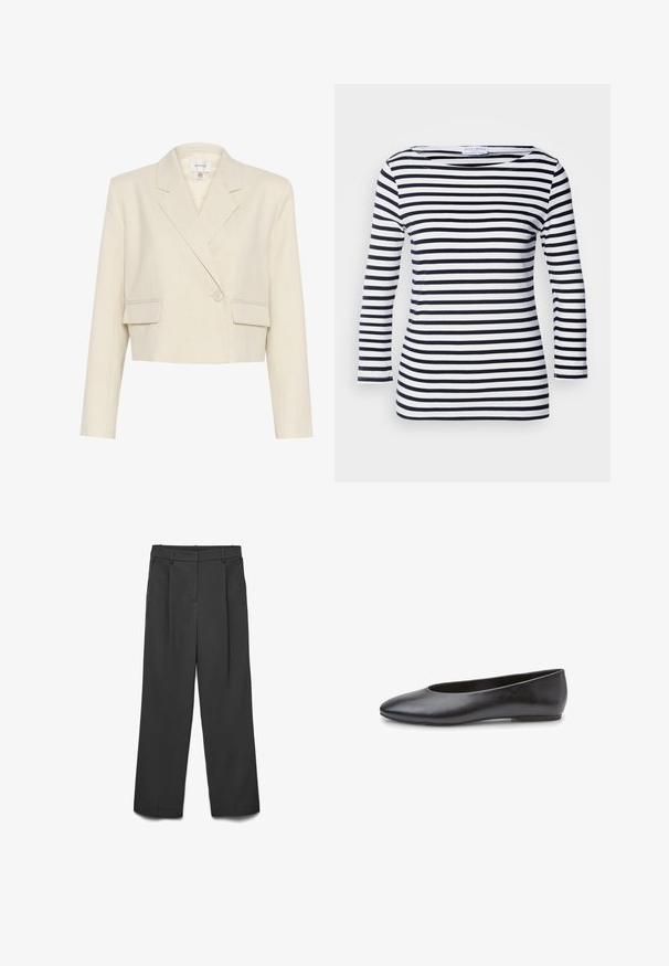 Blazer beige ajustado en una tela texturizada, con un frente de doble botonadura, solapas con muesca y dos bolsillos frontales.; Top de manga larga a rayas en azul marino y blanco con un escote amplio y tejido suave y elástico. Presenta rayas horizontales uniformes en toda su extensión.; Pantalones anchos negros de tela lisa, con dos pinzas frontales y cintura media con trabillas para cinturón. Sin bolsillos visibles.; Zapato plano de ballet de cuero negro con punta puntiaguda y diseño minimalista. Presenta una textura suave y un tacón bajo y plano.