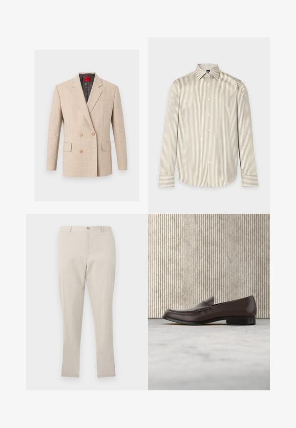 Blazer beige croisé avec revers à encoches, deux poches avant à rabat et boutons marron clair, marqué d'une étiquette rouge Hugo à l'intérieur du col.; Chemise beige et blanche à rayures verticales, manches longues, col pointu et poignets boutonnés, présentée sur fond uni.; Pantalon droit texturé beige clair avec passants pour ceinture, fermeture à bouton et zip frontal, présenté sur un fond uni.; Mocassin en cuir brun avec une texture lisse, bout arrondi, couture surélevée et un petit talon carré. Design élégant et minimaliste.