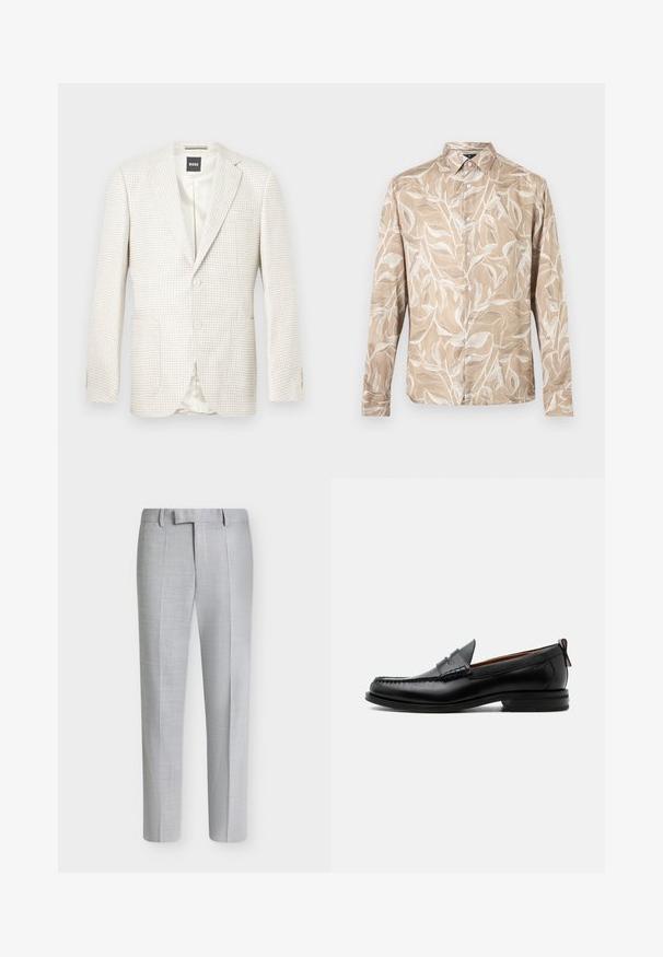 Blazer pour homme beige clair à motif pied-de-poule, avec col à revers cranté, deux boutons sur le devant, poches à rabat, et étiquette BOSS à l'intérieur du col.; Chemise beige à manches longues avec boutons sur le devant, motif de vigne feuillue blanche et col pointu.; Pantalon de costume homme gris clair avec coupe slim, plis devant, passants de ceinture et fermeture avant dissimulée.; Mocassin homme en cuir noir avec couture moc toe, bride penny, col texturé et petit talon empilé sur fond blanc.