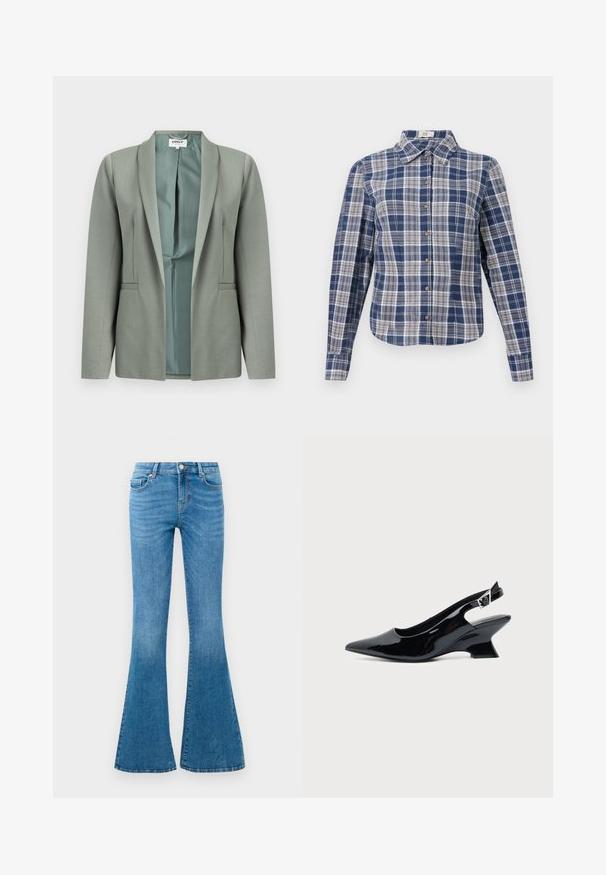 Veste blazer gris clair à ouverture frontale, manches longues, col châle, doublure intérieure lisse visible, présentée sur un fond blanc.; Chemise à manches longues à carreaux bleu et blanc avec un col et des boutons marron, présentée à plat sur un fond blanc.; Jean flare en denim bleu avec une taille mi-haute, comportant cinq poches, un bouton standard et un léger délavage pour la texture.; Chaussure slingback en cuir verni noir avec bout pointu et petit talon bloc incliné sur fond clair uni.