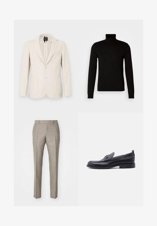 Lyse beige blazer lavet af tekstureret stof, med slagkrave, to-knap lukning og to forlommer. Designermærke synligt indeni.; Sort turtleneck sweater lavet af et fint strikket stof, der har lange ærmer og en tætsiddende silhuet. Glat tekstur med ribbede manchetter.; Beige skræddersyede bukser med en tekstureret overflade, der har en knaplukning og to sidelommer. Struktureret design med et lige ben-silhuet.; Sort lædermokasin med grå tekstureret forfod, sølvfarvet metalspænde, lav hæl og trækflap bagpå.