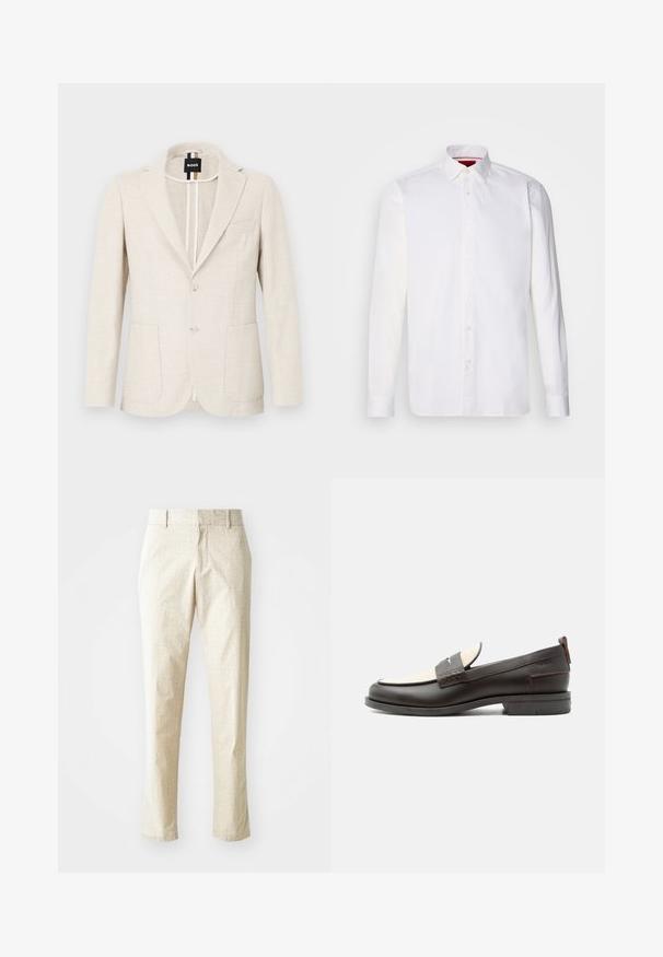 Lyse beige blazer lavet af tekstureret stof, med slagkrave, to-knap lukning og to forlommer. Designermærke synligt indeni.; Hvid langærmet skjorte lavet af bomuld, med en klassisk krave, frontplacket med knapper og en glat tekstur. Rød detalje på den indre krave.; Lys beige skræddersyede bukser med et tekstureret mønster, lige pasform og medium høj talje, der har bæltestropper og ingen synlige lommer.; Mørkebrune herresko i læder med cremefarvet stofpanel og klassisk syning på remmen, flad sål og trækskærm ved hælen.