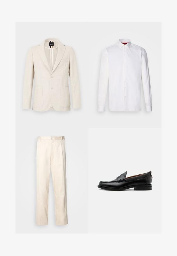 Blazer de color beige claro, hecho de una tela texturizada, con solapas muesca, cierre de dos botones y dos bolsillos frontales. Etiqueta del diseñador visible en el interior.; Camisa blanca de manga larga hecha de algodón, con un collar clásico, placket frontal con botones y una textura suave. Detalle interior del collar en rojo.; Pantalones de algodón beige con corte recto, que cuentan con un cierre de botón y pliegues en la parte frontal para un detalle adicional.; Mocasín de hombre de piel negra con costura moc toe, tira penny, cuello texturizado y tacón bajo apilado sobre fondo blanco.