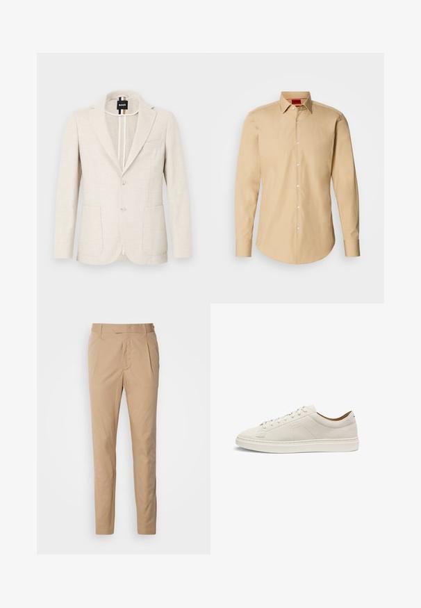 Vaalean beige bleiseri, joka on valmistettu teksturoidusta kankaasta. Siinä on hapsulapeli, kaksi nappia ja kaksi etutaskua. Suunnittelijan etiketti näkyvissä sisäpuolella.; Vaaleanbeige nappikauluspaita, joka on valmistettu sileästä kankaasta. Paidassa on klassinen kaulus, pitkät hihat ja hienovarainen pinta valkoisilla napilla.; Housut vaaleanruskeasta kankaasta, jotka ovat sileät. Niissä on etutaskut, vyölenkit ja kapeneva lahje, joka luo istuvan leikkauksen.; Matalavartinen beige mokkanahkainen lenkkikenkä, jossa on samansävyiset nauhat, litteä pohja ja hienovarainen kohokuvioitu "BOSS"-logo sivulla, esitetty sivukuvasesta.