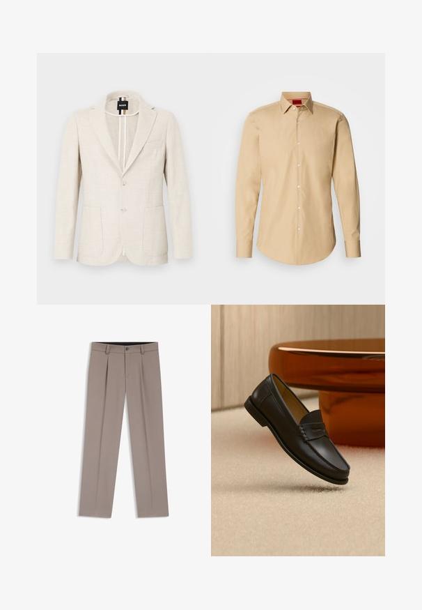 Lyse beige blazer lavet af tekstureret stof, med slagkrave, to-knap lukning og to forlommer. Designermærke synligt indeni.; Beige skjorte med knapper lavet af glat stof, med klassisk krave, lange ærmer og subtil tekstur med hvide knapper.; Lysebrune herrebukser med bæltestropper, plisseringer, knaplukning foran og lynlås, lagt fladt på en hvid baggrund.; Sort læder loafer-sko hængende over beige tæppe med ravfarvet moderne møblement i baggrunden.