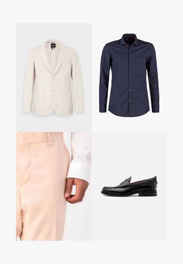 Lyse beige blazer lavet af tekstureret stof, med slagkrave, to-knap lukning og to forlommer. Designermærke synligt indeni.; Mørkeblå langærmet skjorte lavet af glat bomuld, med standardkrave, frontknapper og en tætsiddende pasform.; Lys pink skræddersyede bukser med en glat tekstur, der har en sidelomme og bæltestrop, parret med en hvid skjortemanchet.; Sort læder herre loafer med moc-tå syning, penny strop, struktureret krave og lav stablet hæl på hvid baggrund.