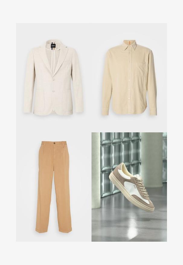 Blazer de color beige claro, hecho de una tela texturizada, con solapas muesca, cierre de dos botones y dos bolsillos frontales. Etiqueta del diseñador visible en el interior.; Camisa de manga larga de pana beige con cuello, bolsillo frontal, cierre de botones y textura de líneas verticales. Dobladillo redondeado y puños con botones.; Pantalones de pierna ancha en beige, fabricados con tejido suave, que cuentan con dos bolsillos frontales, un cierre de botón y detalles de pliegues a lo largo de las piernas.; Zapatilla de ante beige y blanca con cordones y el logo "BOSS", flotando sobre un suelo de hormigón pulido con paredes de bloques de vidrio al fondo.