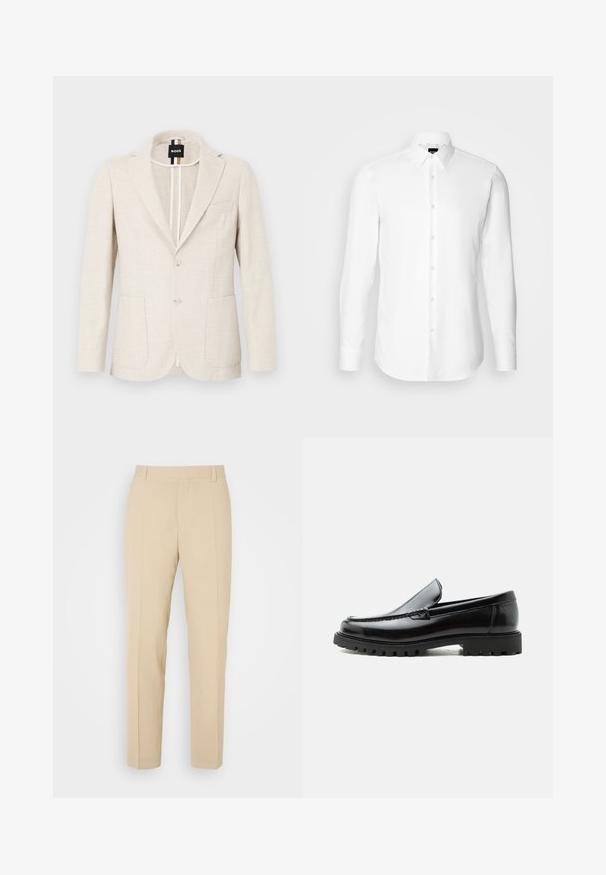 Hellbeige Blazer aus strukturiertem Stoff mit Reverskragen, zwei-Knopf-Verschluss und zwei Fronttaschen. Designeretikett innen sichtbar.; Weißes Langarmhemd, vorne mit Knöpfen, klassischer Kragen, aus glattem Stoff mit feiner Textur, für eine figurnahe Passform entworfen.; Beige maßgeschneiderte Hosen mit geradem Bein, aus leichtem Stoff, mit zwei vorderen Taschen und ordentlich gebügelten Falten.; Schwarzer Lederloafer mit grober Gummisohle, genähter Oberseite und geprägtem Markennamen an der Ferse, seitlich auf weißem Hintergrund gezeigt.
