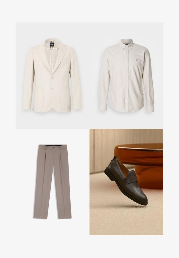 Lyse beige blazer lavet af tekstureret stof, med slagkrave, to-knap lukning og to forlommer. Designermærke synligt indeni.; Lyse beige, langærmet skjorte med knapper, spids krave og lille broderet logo. Blødt stof med en glat tekstur og lige kant.; Lysebrune herrebukser med bæltestropper, plisseringer, knaplukning foran og lynlås, lagt fladt på en hvid baggrund.; Mørkebrun læderloafer med lav hæl svævende over beige tæppe, ved siden af et blankt, afrundet bord i ravfarve.