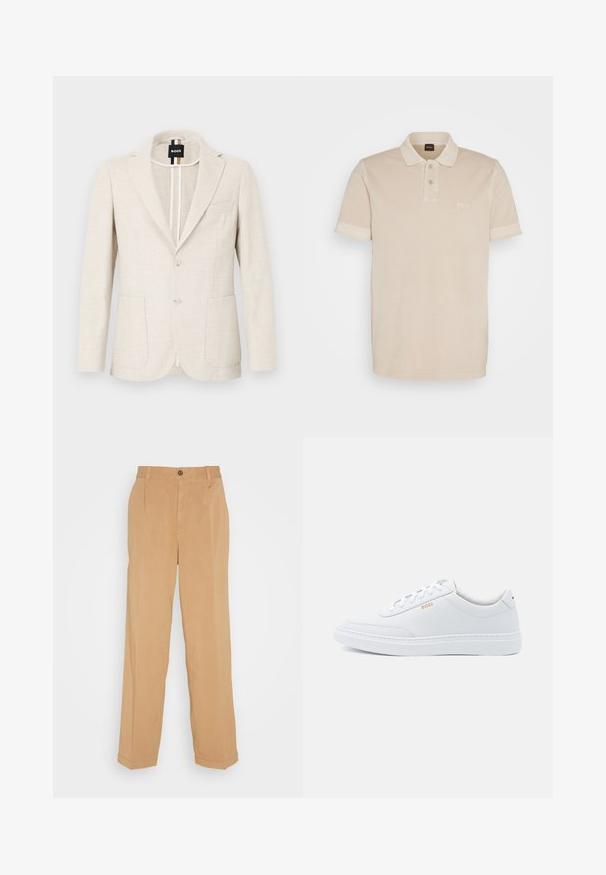 Hellbeige Blazer aus strukturiertem Stoff mit Reverskragen, zwei-Knopf-Verschluss und zwei Fronttaschen. Designeretikett innen sichtbar.; Beige Poloshirt aus weicher Baumwolle. Es verfügt über einen klassischen Kragen, zwei Knöpfe und ein kleines gesticktes Logo auf der Brust.; Beige weite Hose aus weichem Stoff, mit zwei frontalen Taschen, einem Knopfverschluss und Bügelfalten entlang der Beine.; Weiße Leder-Sneaker mit glatter Textur, runder Zehenpartie und tonal abgestepptem Design. Mit blauen Schnürsenkeln und einem goldenen Logo an der Seite.
