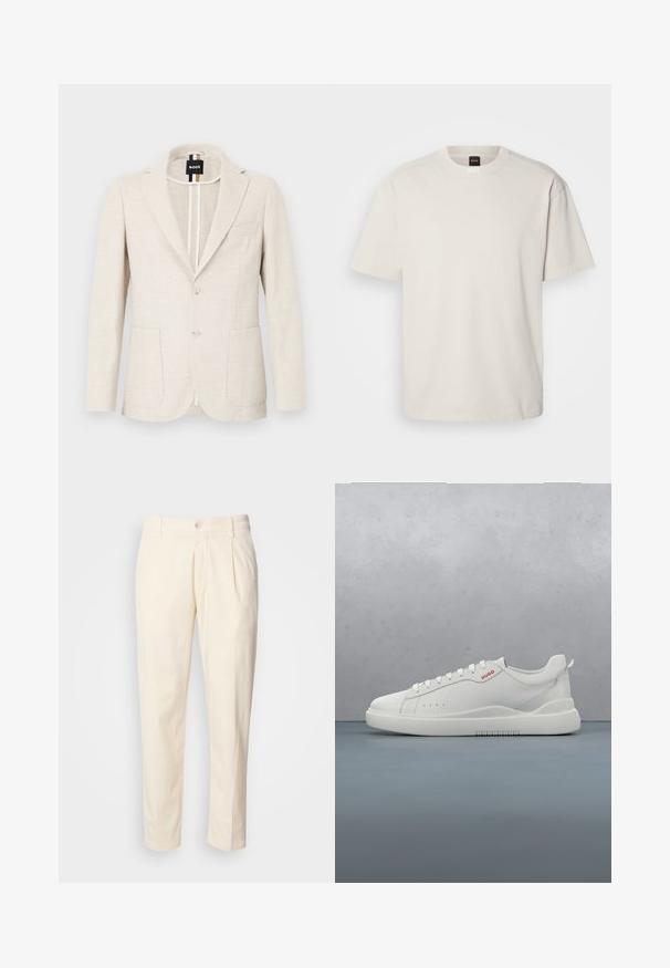 Lyse beige blazer lavet af tekstureret stof, med slagkrave, to-knap lukning og to forlommer. Designermærke synligt indeni.; Kortærmet, crew-neck t-shirt i off-white bomuld med lige snit og minimal branding på kraven. Blød tekstur, uden mønstre.; Krèmfargede bomuldsbukser med lige ben-design, der har frontfolder, knaplukning og sidelommer. Glat tekstur.; Hvide sneakers med en glat læderfinish, rund tå, fire snørehuller, subtile perforeringer og en rød logo detalje på siden.