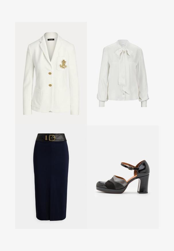 Weißer, maßgeschneiderter Blazer mit gekerbtem Revers, zwei goldenen Knöpfen, aufgesetzten Vordertaschen und einem auf der Brusttasche aufgestickten goldenen Emblem.; Weiße Bluse aus glattem Stoff, mit einer Schleife am Kragen, langen Puffärmeln und einer Knopfverschluss vorne.; Marineblauer Bleistiftrock mit einem breiten schwarzen Bund und einer großen goldenen Schnalle, ausgestattet mit einer vorderen Naht und einem dezenten Schlitz vorne.; Schwarzer und grauer High-Heel-Schuh mit runder Zehenpartie, Knöchelriemen und strukturiertem Obermaterial, ausgestattet mit einem Blockabsatz und kontrastierenden Einsätzen.