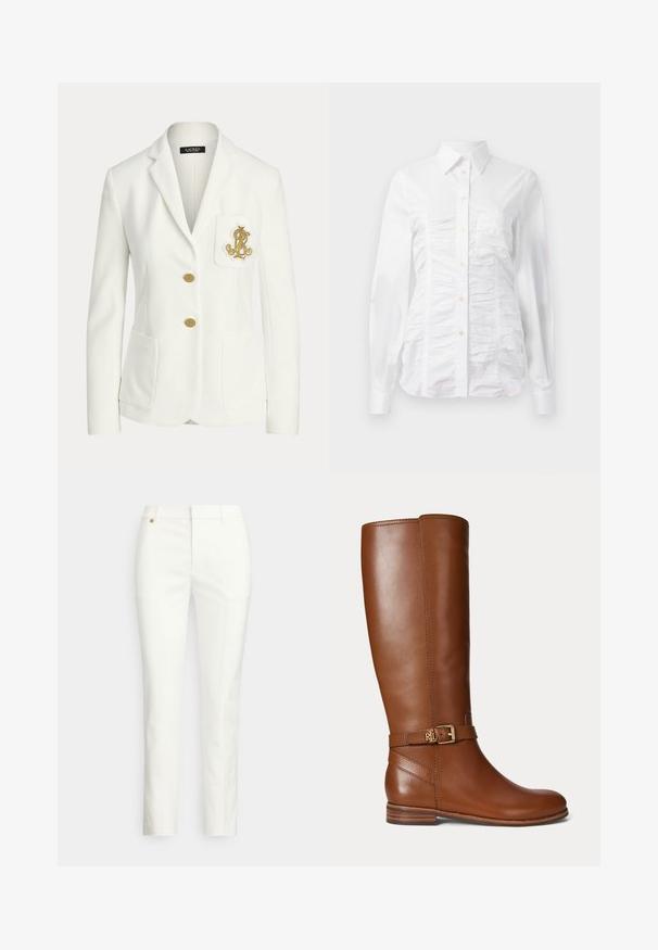 Weißer, maßgeschneiderter Blazer mit gekerbtem Revers, zwei goldenen Knöpfen, aufgesetzten Vordertaschen und einem auf der Brusttasche aufgestickten goldenen Emblem.; Weißes Hemd mit langen Ärmeln, das über eine geraffte Textur auf der Vorderseite, kleine goldene Knöpfe und einen klassischen Kragen verfügt.; Weiße, maßgeschneiderte Hose mit schlankem Schnitt, verfügt über eine glatte Textur, Gürtelschlaufen und ein kleines goldenes Schmuckdetail. Keine Taschen sichtbar.; Brauner kniehoher Lederstiefel mit einer kleinen goldenen Schnalle und "RL" Logo am Riemen nahe dem Knöchel, flachem Absatz und glatter Oberfläche.