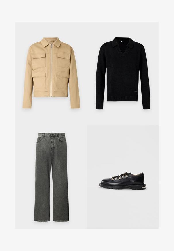 Veste courte beige en tissu solide, dotée d'un col, d'une fermeture éclair avant et de quatre grandes poches à rabat.; Pull en tricot noir à manches longues avec col en V et poignets et ourlet côtelés, présenté sur un fond neutre.; Jeans en denim noir à jambes larges avec poches avant et arrière, passants de ceinture et fermeture bouton à la taille.; Chaussure noire en cuir basse avec semelle épaisse, œillets en métal, breloques en argent décoratives sur les lacets et semelle à motif texturé.