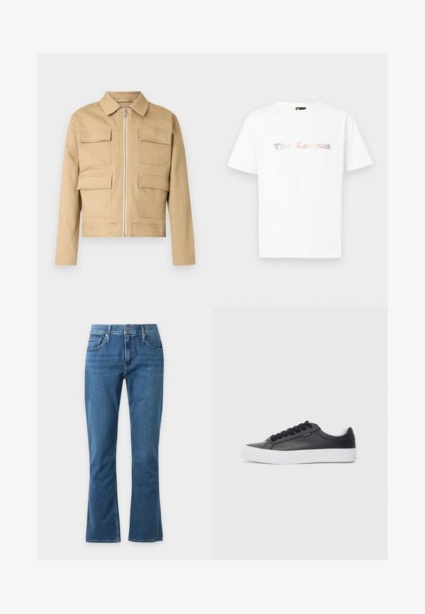 Veste courte beige en tissu solide, dotée d'un col, d'une fermeture éclair avant et de quatre grandes poches à rabat.; T-shirt blanc à manches courtes avec un logo "The Kooples" multicolore légèrement flou sur la poitrine, sur un fond uni.; Jean en denim bleu avec taille mi-haute, fermeture par bouton et zip, poches avant et arrière, et jambes légèrement évasées sur un fond clair.; Sneaker en cuir noir avec semelle en caoutchouc blanc, bout arrondi et lacets noirs, présentant une texture lisse et un design minimaliste.