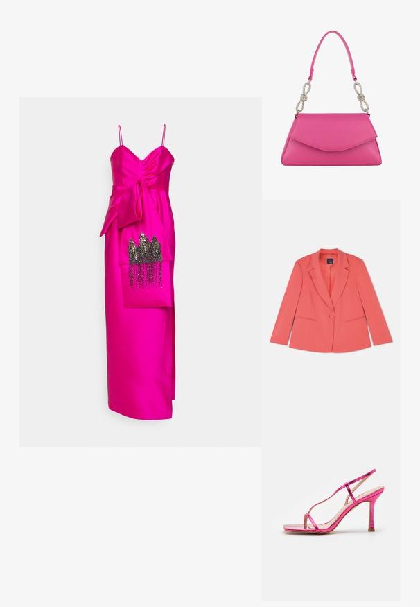 Koraal gekleed blazer met een enkele knoopsluiting, notch-revers, twee voorzakken en een gladde, textuurstof. Standaard pasvorm.; Dice Kayek DRESS - Galajurk - fuchsia; RAID WENDY - Sandalen met hoge hak - pink; Roze leren handtas met een gestructureerde klep en een enkel handvat met twee zilveren strass strikvormige bevestigingen.