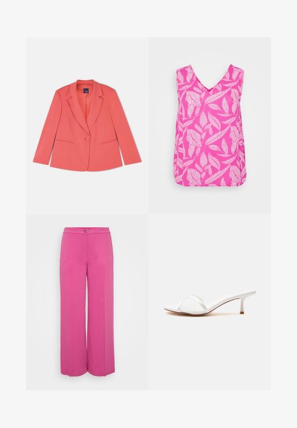 Blazer entallado de color coral con un cierre de un solo botón, solapas con muesca, dos bolsillos frontales y una tela de textura suave. Corte estándar.; Top rosa sin mangas con escote en V, que presenta un patrón de hojas blancas y un corte holgado. Fabricado con tejido ligero y suave al tacto.; Pantalones de pierna ancha de talle alto en tela de color rosa brillante. Cuentan con un cierre frontal de botón y dos bolsillos laterales para mayor funcionalidad.; Mule blanco de punta abierta con una tira fina y transparente en la parte delantera y un tacón bajo tipo gatito sobre una superficie lisa.