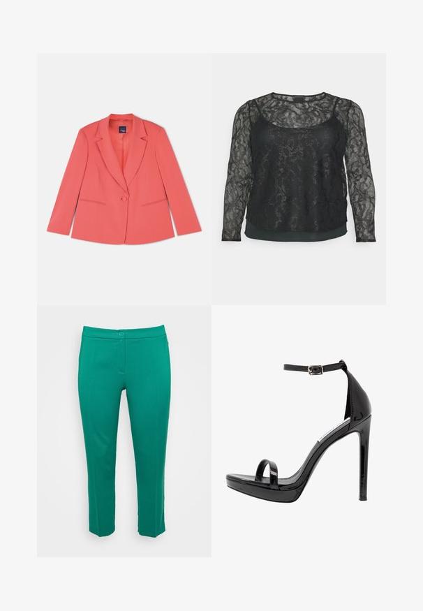 Blazer entallado de color coral con un cierre de un solo botón, solapas con muesca, dos bolsillos frontales y una tela de textura suave. Corte estándar.; Persona by Marina Rinaldi VITA - Blusa - nero; Persona by Marina Rinaldi REGINA - Pantalones - verde scuro; Steve Madden MILANO - Sandalias de tacón - black
