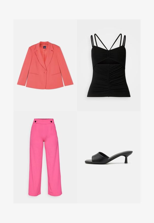 Blazer entallado de color coral con un cierre de un solo botón, solapas con muesca, dos bolsillos frontales y una tela de textura suave. Corte estándar.; Top negro sin mangas con tirantes finos ajustables, que presenta un diseño arrugado en la parte delantera y un detalle recortado en la zona media.; Pantalones de pierna ancha de color rosa brillante con una textura lisa, que cuentan con una cinturilla plana y dos botones negros en la parte delantera.; Sandalias de deslizamiento negras con parte superior de cuero suave, punta abierta y un tacón bajo y brillante. Diseño minimalista con una forma curvada y un acabado elegante.