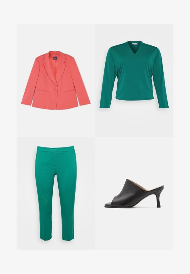 Koral skræddersyet blazer med en enkelt knaplukning, stikklapper, to for- lommer og et glat tekstureret stof. Standard pasform.; Grøn langærmet top med V-udskæring. Lavet af blødt stof, med en afslappet pasform og lige kant. Ingen synlige mønstre eller accenter.; Persona by Marina Rinaldi REGINA - Bukser - verde scuro; Selected ASHLEY - Mules med hæl - black