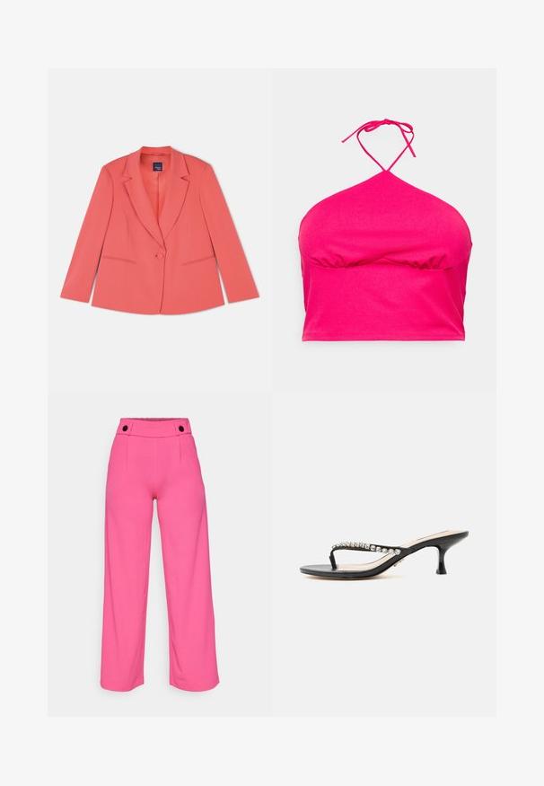 Koraal gekleed blazer met een enkele knoopsluiting, notch-revers, twee voorzakken en een gladde, textuurstof. Standaard pasvorm.; Even&Odd Curvy by Zalando Top - pink; Felroze wijdere broeken met een gladde textuur, voorzien van een platte tailleband en twee zwarte knopen aan de voorkant.; Zwarte sandaal met hak met dunne bandjes versierd met heldere strass-steentjes en een lage kittenhak op een witte achtergrond.
