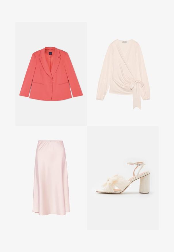 Koral skræddersyet blazer med en enkelt knaplukning, stikklapper, to for- lommer og et glat tekstureret stof. Standard pasform.; Ærmeløs top i blødt, lys rosa stof. Har lange ærmer, et bånd i taljen og blide draperinger over forsiden.; Satin midi nederdel i blød lyserød med elastisk talje, der har et flydende A-formet design og en glat, blank tekstur.; Kvinders højhælede sandal i creme. Har en tekstureret sløjfe detalje, åben tå og en tyk blokhæle med ribbet design. Justerbar ankelrem.