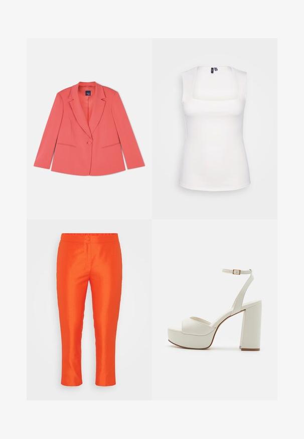 Blazer entallado de color coral con un cierre de un solo botón, solapas con muesca, dos bolsillos frontales y una tela de textura suave. Corte estándar.; Top blanco sin mangas con escote cuadrado, hecho de un material elástico suave, con costuras mínimas y sin patrones visibles.; Pantalones ceñidos de color naranja brillante, con cintura elástica, cierre de un solo botón y textura suave. No hay bolsillos visibles.; Zapatos de plataforma blancos con tacón bloque, punta abierta y correa en el tobillo con un hebilla metálica. Fabricados en un material sintético suave.
