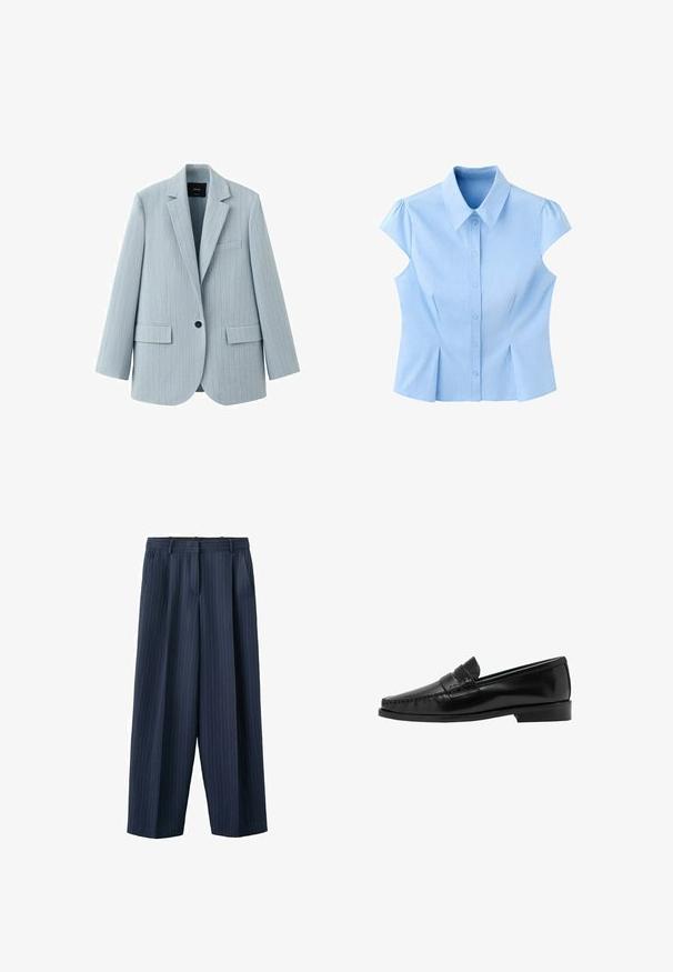 Blazer gris clair à fines rayures avec col cranté, fermeture à un bouton noir, poches à rabat et une poche poitrine passepoilée.; Blouse bleu clair à manches courtes avec col pointu, boutonnée sur le devant et taille cintrée, présentée sur un fond blanc uni.; Pantalon large à rayures fines bleu marine avec passants pour ceinture et poches latérales, confectionné avec un pli sur le devant et une fermeture éclair.; Mocassins en cuir noir avec un design de bout cousu et un talon bas. La tige présente une bride décorative. Texture de surface lisse et brillante.