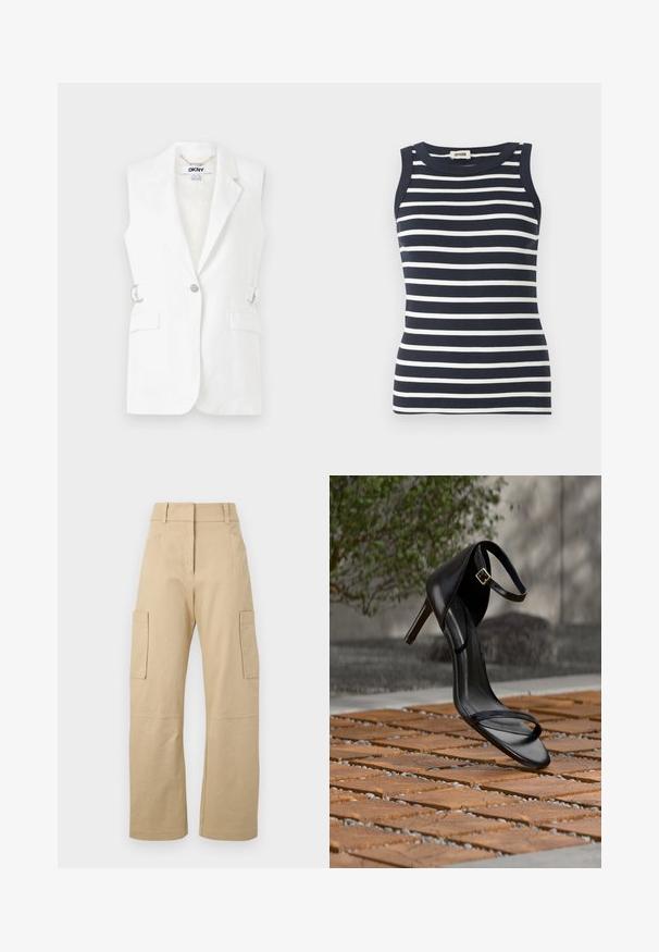 Weißer ärmelloser Blazer mit einer einzigen Knopfverschluss, zwei vorderen Taschen und silbernen Hardware-Akzenten an der Seite. Glattes, leichtes Gewebe.; Gestreiftes Tanktop in Marineblau und Weiß, aus geripptem Material, mit rundem Ausschnitt und ärmellosem Design.; Beige Cargo-Shorts aus Baumwolle, mit hoher Taille, weitem Bein, zwei Seitentaschen und zwei großen Cargo-Taschen auf den Oberschenkeln.; Schwarze Sandalette mit hohem Absatz und Knöchelriemen schwebt über einem Holzboden im Freien vor verschwommenem Grün und Steinhintergrund.