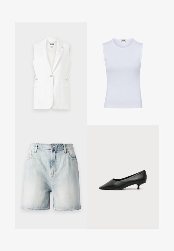 Weißer ärmelloser Blazer mit einer einzigen Knopfverschluss, zwei vorderen Taschen und silbernen Hardware-Akzenten an der Seite. Glattes, leichtes Gewebe.; Weißes ärmelloses geripptes Tanktop mit rundem Ausschnitt und Markenlabel DRYKORN innen am Kragen.; Hellblaue Jeansshorts mit einem Knopfverschluss, fünf Taschen und einer verwaschenen Textur. Gerader Schnitt mit klassischem Design.; Schwarzer Leder-Damenschuh mit niedrigem Absatz, spitzer Schuhspitze und kleinem Kittenabsatz auf schlichtem hellem Hintergrund.
