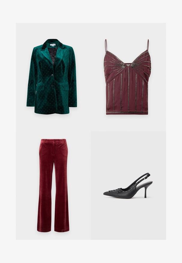 Blazer en velours vert avec col cranté, fermeture à deux boutons et poches frontales. Présente des clous métalliques dans un motif de points sur la surface.; Camisole bordeaux à fines bretelles, avec des embellissements en perles et des lignes verticales. Tissu doux avec une coupe ajustée et des détails texturés.; Pantalons droits en velours bordeaux avec passants de ceinture et fermeture frontale dissimulée sur fond blanc.; Escarpin en cuir noir à talon aiguille avec un bout pointu, une bride latérale à boucle, des clous le long du bord et un laçage décoratif à l'avant.