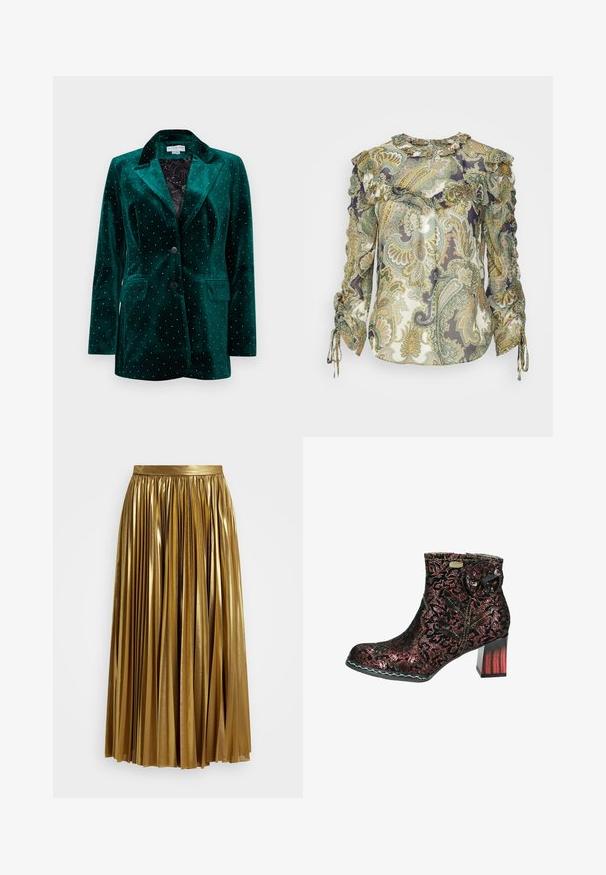 Grøn fløjlsblazer med en hakkrave, to-knaps lukning og forlommer. Har metalnitter i et prikket mønster på overfladen.; Veronica Beard HOWELL BLOUSE - Bluse - green; Gylden plisseret maxiskirt med en shiny finish, der har en høj talje og en flydende tekstur, velegnet til forskellige anledninger.; Sorte ankelstøvler i lace med rødt blomstermotiv. Rund tå og kraftig hæl. Dekorativt stofblomstdetalje og kontrastsyet.
