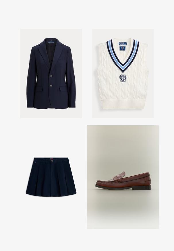 Tmavomodré pánske sako s výrezovými klopami, dvoma gombíkmi, vreckami s chlopňami a náprsným vreckom, značky Polo od Ralph Lauren.; Biely pletený bezrukávový sveter bez rukávov s modrým pruhovaným výstrihom do V a logom Polo Ralph Lauren Wimbledon na hrudi.; Tmavomodrá plisovaná mini sukňa s prednými gombíkmi a zipsom, pútkami na opasok, bočnými vreckami a malým logom na ľavom bedro.; Hnedý kožený mužský mokasín s čiernou podrážkou a dekoratívnym pásikom, zobrazený z bočného profilu na neutrálnom pozadí.