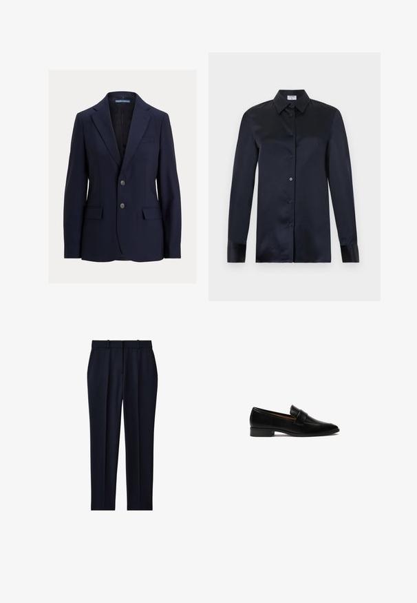 Tumesinine meeste bleiser sälgkraega, kahe nööbi, klapiga taskute ja rinnataskuga, bränd Polo by Ralph Lauren.; Mustast siidist pika varrukaga pluus terava kraeuga, ees nööpidega sulguv ja mansettidega varrukatega, eksponeeritud ühtlasel heledal taustal.; Tumesinised rätsepatöö püksid vööaasade, küljetaskute, esise sööbelduse detaili ja sirgete säärtega.; Mustad musta nahast loafersit, millel on lame kont, sirge rihm vampi üle ja sile poleeritud pind.