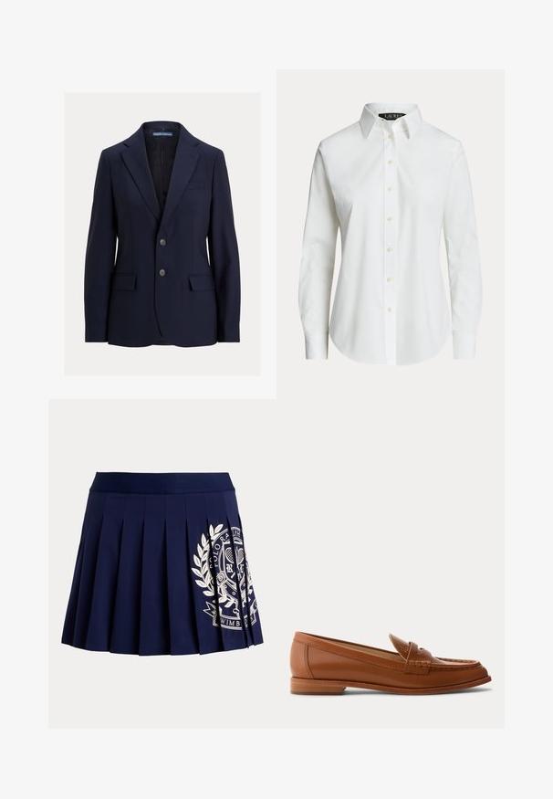 Marineblauwe herenblazer met inkepingskraag, twee knopen, klepzakken en een borstpaspelzak, gelabeld Polo van Ralph Lauren.; Wit overhemd met lange mouwen en knopen, met een klassieke kraag en zichtbare knopen aan de voorkant, getoond op een effen achtergrond.; Marineblauwe geplooide rok met brede tailleband en wit tennis-thema wapenlogo aan de rechteronderkant.; Bruine leren loafer met lage houten hak, klassieke pennyriem en gestikte details langs de neus en zijkanten.
