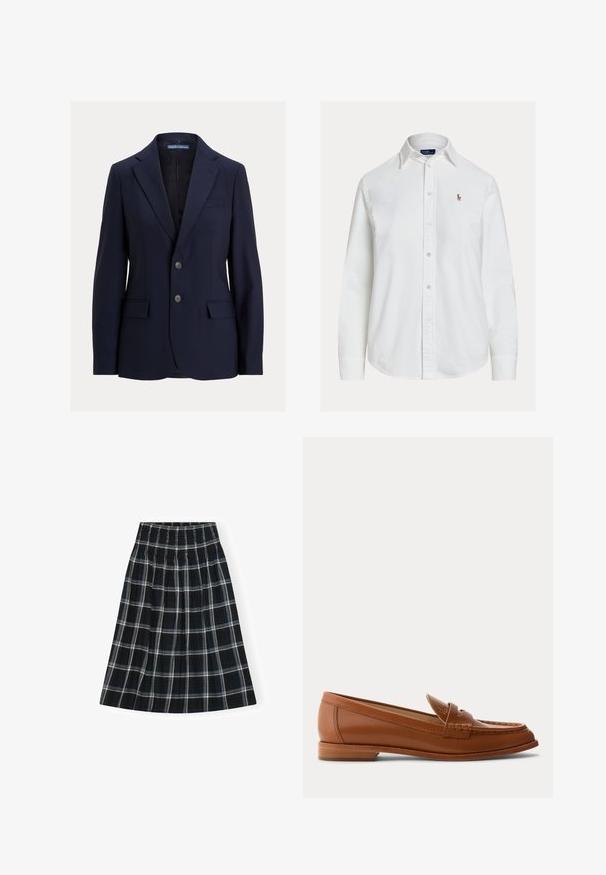 Navyblå herreblazer med notch-kraver, to knapper, lommer med klap og en brystlomme, mærket Polo af Ralph Lauren.; Hvid langærmet skjorte med knapper og krave samt lille broderet logo på venstre bryst, vist på ensfarvet baggrund.; Sorte og hvide ternet nederdel med smock-bånd i livet, knælang, med en flagrende design og blød stoffets tekstur.; Brun læderloafer med lavt træsål, klassisk penny-rem og syet detalje langs tå og sider.